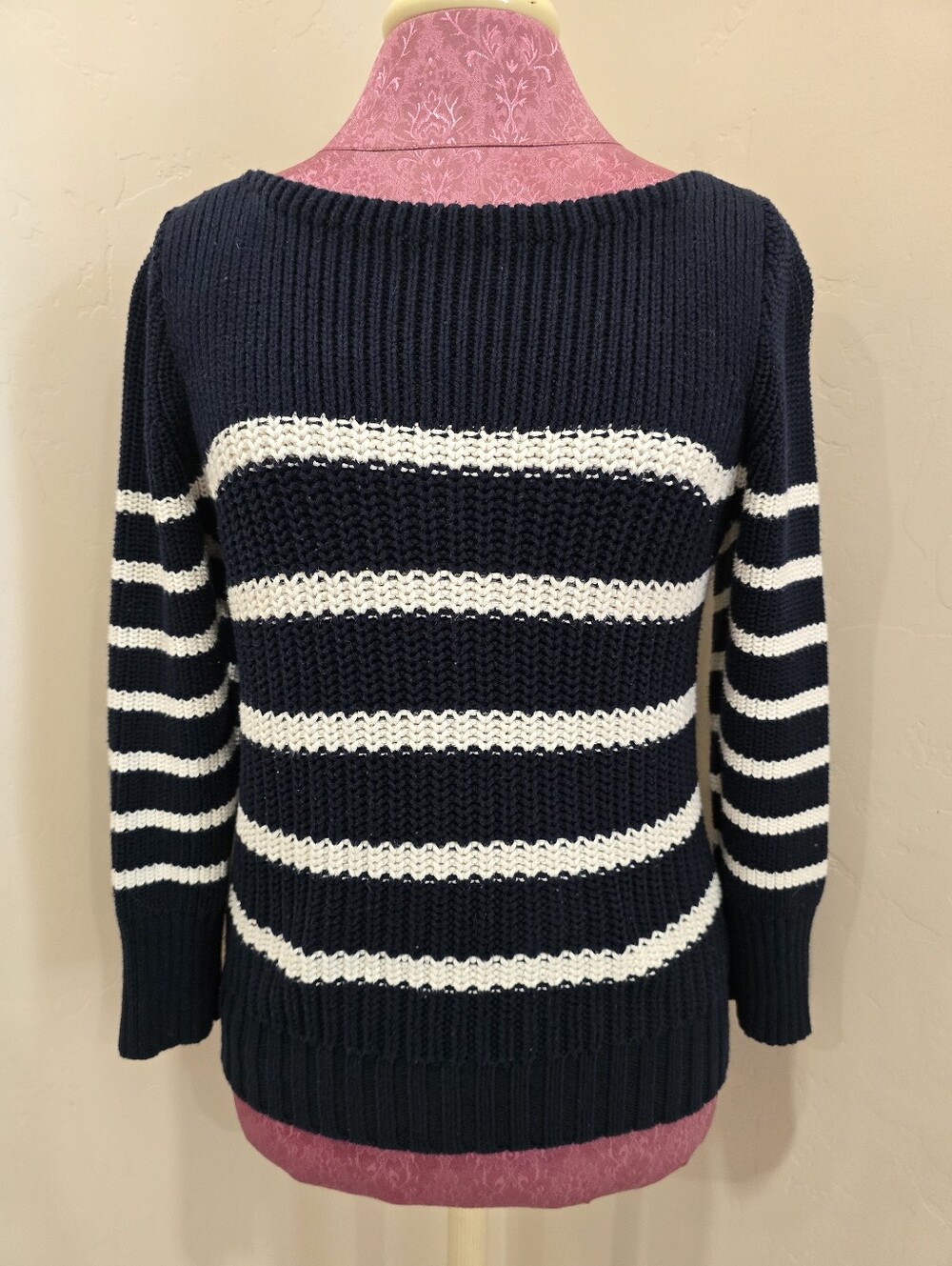 J. Crew Navy Blue & White Striped Chunky Knit Sweater Boat Neck Women's Medium